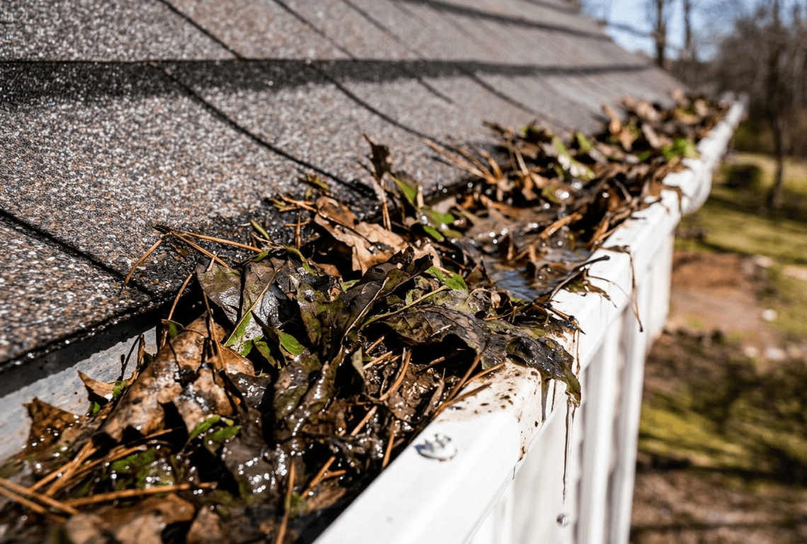 Clogged gutter without protection